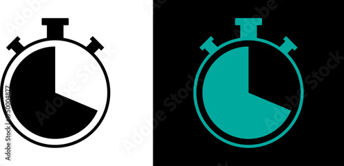 Stopwatch icon in black and teal on white and black backgrounds