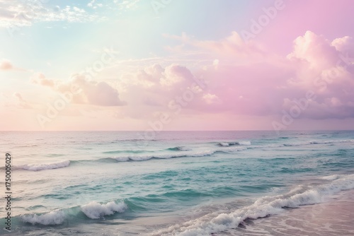 Pastel sky over gentle ocean waves at sunrise or sunset