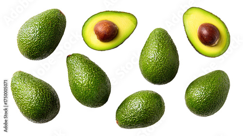set of avocado top view isolated on transparent white background