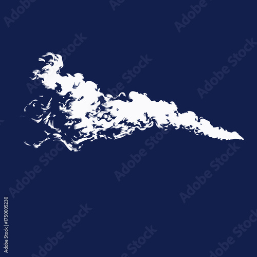 Abstract white smoke effect, flowing steam trail, or vapor cloud texture isolated on a deep dark blue background for design elements.