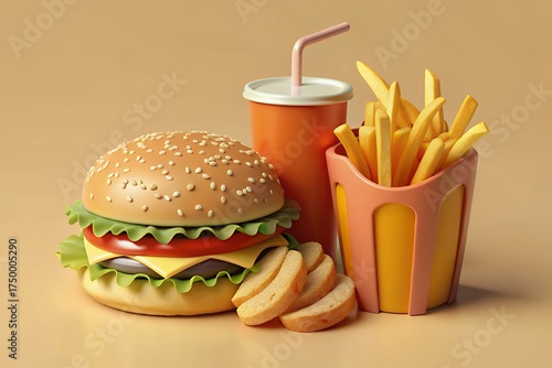 Classic fast food meal with burger fries and drink