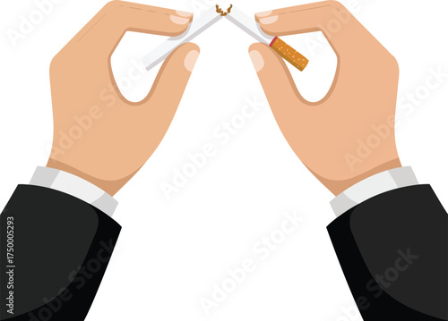 Man's Hands Breaking a Cigarette to Quit Smoking Concept