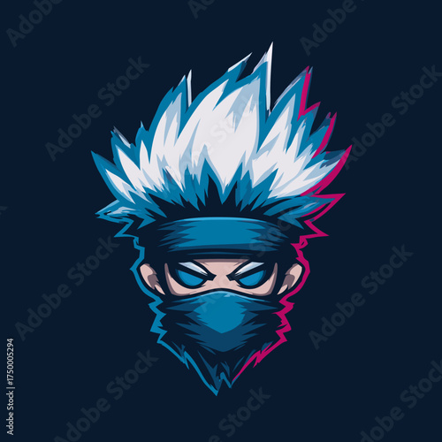 Dynamic esports gaming avatar illustration of a masked character with spiky white hair and blue accents on a dark background