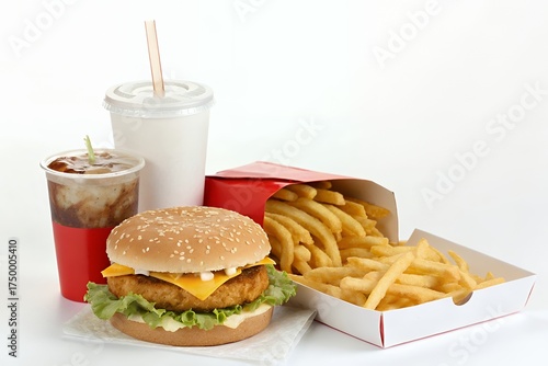 Delicious fast food meal with burger fries and drinks