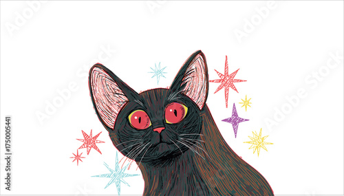 Vector illustration of a feline with pink eyes and sparkling stars against a plain white setting space