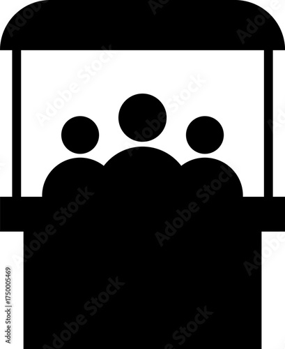 Simple black silhouette of a booth with three people standing behind it