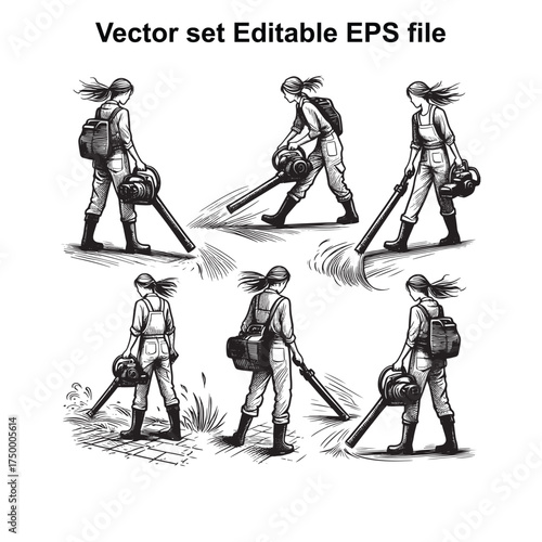Vector art of vector set of a woman using a leaf blower, , showing different poses and actions with the tool, suitable for graphic design and illustration projects