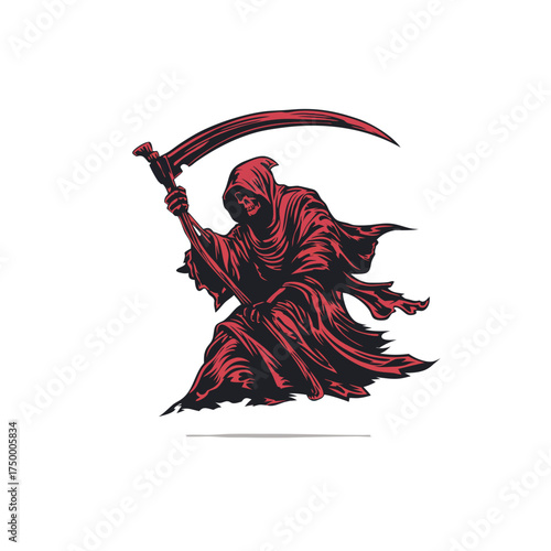 Intense Red Grim Reaper Figure with Scythe Illustration, Symbolizing Death, Mortality, and Danger on White Background