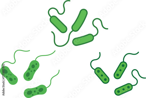 Set of Green Bacteria with Flagella  Microbiology and Germs Illustration