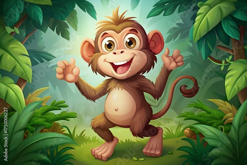 Joyful cartoon monkey with big eyes in a lush green jungle setting