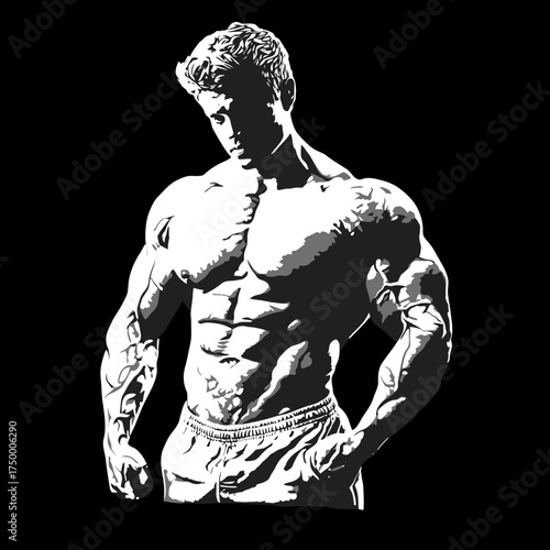 Powerful muscular male bodybuilder flexing in dramatic black and white high-contrast graphic, symbolizing strength and fitness.