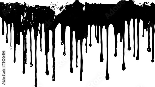 Abstract dripping black paint on white background. Black dripping paint isolated on white background. Dark dripping liquid abstract art. Dark liquid drips downwards, with a glittery, reflective 