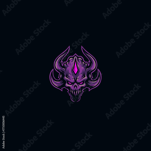 Intense purple horned skull mascot logo with glowing eyes, dark fantasy style, esports gaming avatar icon, ominous demonic character.