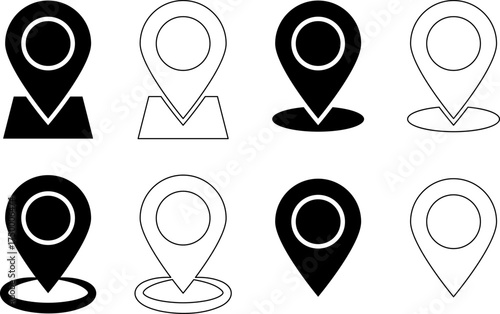 Collection of stylized location pin icons in various designs