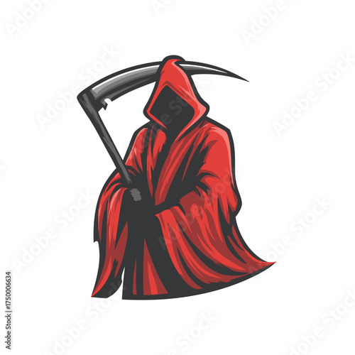 Ominous Red Hooded Grim Reaper Character with Scythe Vector Illustration for Death, Halloween, and Horror Concepts