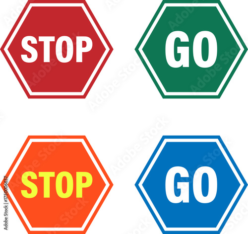 Four hexagonal stop and go signs in different colors