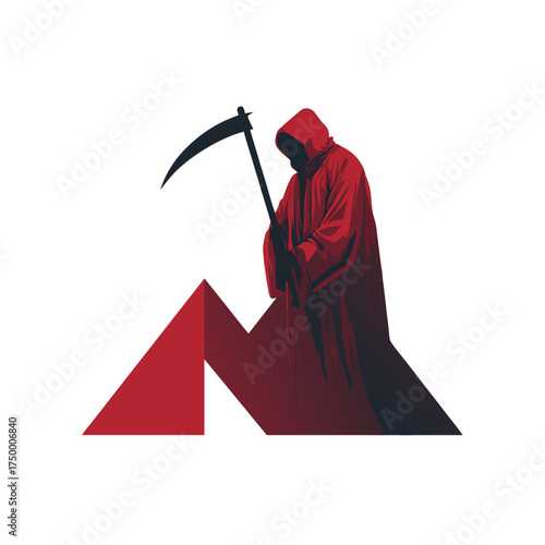 Powerful abstract illustration of a dark hooded figure in a red robe holding a scythe, symbolizing death, fear, and mystery