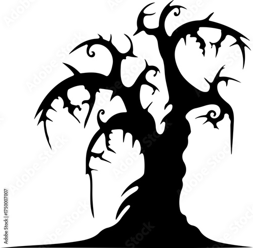 Scary Evil Dead Tree Silhouette. Halloween Simple Black and White Vector illustration of Haunted Tree, Halloween Clip Art Design Element