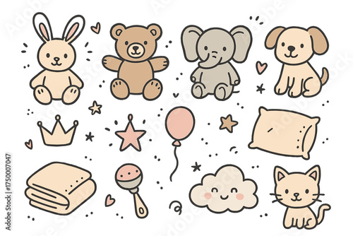 Cute Stuffed Animal Icons. Stuffed animals doodle icon set: hand drawn icons of bunny, teddy bear, elephant, puppy, kitten, crown,