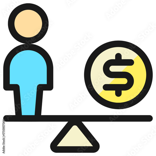 Person and coin on a balance scale, representing financial equality.