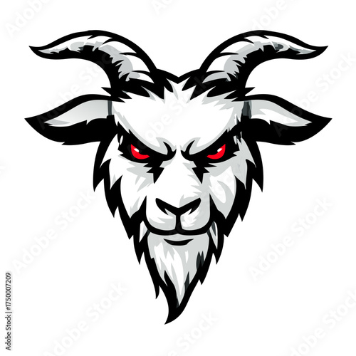 Fierce aggressive goat head mascot illustration with red eyes and horns, powerful animal emblem for sports team logo design.
