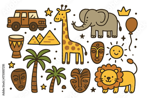 African Doodle Icon Set. Africa travel doodle icon set: hand drawn icons of safari jeep, giraffe, elephant, drum, pyramid, crown,