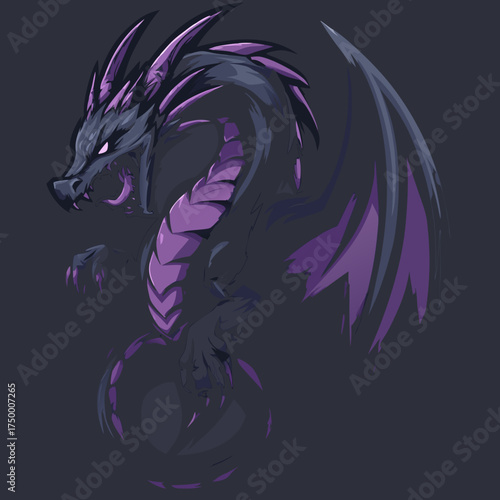 Powerful dark fantasy dragon illustration with striking purple accents and glowing eyes, majestic mythical creature art.