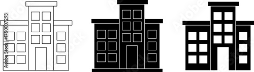 Three stylized buildings showing different levels of detail