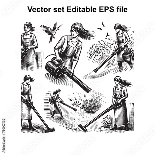 Vector art of artistic vector set of a woman with a leaf blower and vacuum, , featuring dynamic poses and natural elements like birds and foliage, editable eps