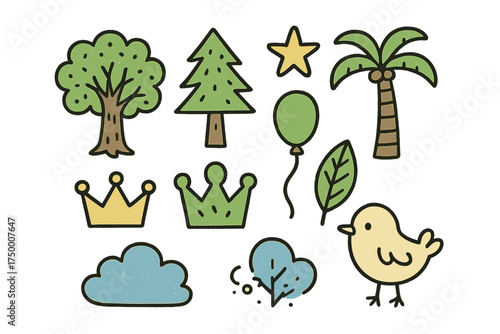 Cute Tree Doodles. Tree doodle icon set: hand drawn icons of oak tree, pine tree, palm tree, crown, star, balloon, leaf, cloud,
