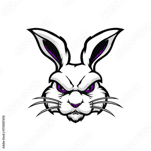 Fierce white rabbit head illustration with glowing purple eyes and aggressive expression. Cartoon bunny mascot vector graphic for sports teams or design.