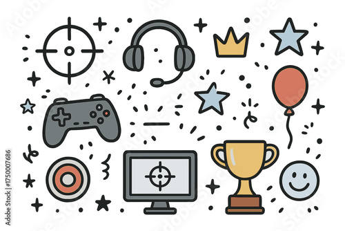 Shooter Game Icons. Shooter games doodle icon set: hand drawn icons of crosshair, headset, controller, crown, star, balloon,