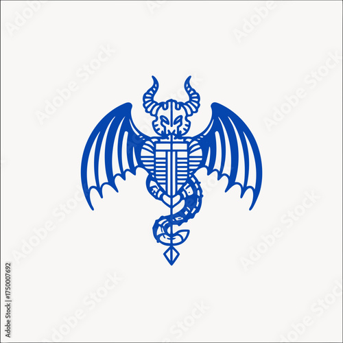 Mystical horned winged creature emblem. Dark fantasy graphic design for magic, power, gothic, or legendary themes.