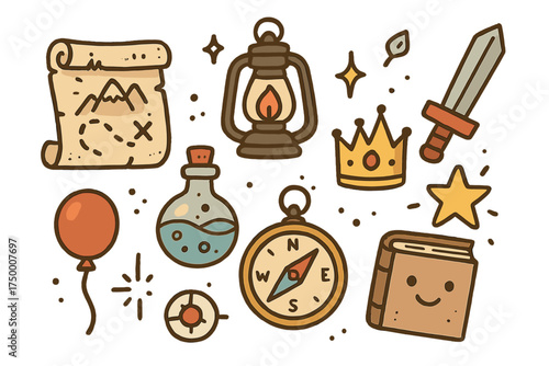 Fantasy Quest Doodles. Fantasy quest doodle icon set: hand drawn icons of map, lantern, sword, potion, crown, star, balloon,