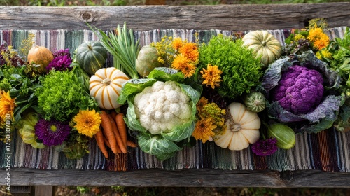 Colorful Medley of Fresh Vegetables and Flowers on Rustic Wooden Table in Autumn Harvest Setting