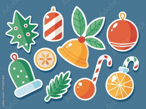 Festive Holiday Stickers Featuring Christmas Tree Ornament Candy Cane Bell Candle and Mistletoe