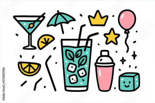 Cocktail Icons Doodle. Cocktail doodle icon set: hand drawn icons of martini, mojito, umbrella, fruit slice, straw, crown, star,