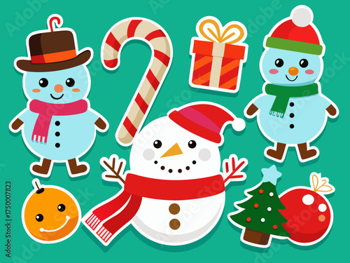 Cute Christmas Stickers with Snowmen Candy Cane Gift Orange and Christmas Tree on Teal