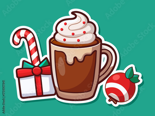 Festive Holiday Treats Cartoon Illustration of Hot Chocolate Candy Cane and Candy Apple