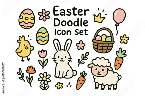 Wallpaper Mural Cute Easter Doodles. Easter doodle icon set: hand drawn icons of painted eggs, bunny, basket, crown, star, balloon, chick, flowers Torontodigital.ca