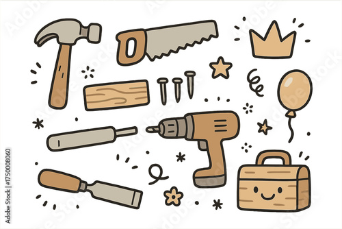 Woodworking Tools Icons. Woodworking doodle icon set: hand drawn icons of hammer, saw, wood plank, nails, crown, star, balloon,