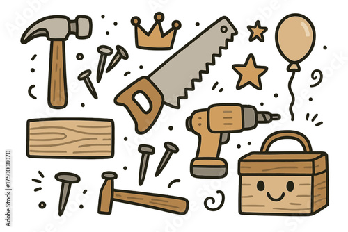 Woodworking Tools Icons. Woodworking doodle icon set: hand drawn icons of hammer, saw, wood plank, nails, crown, star, balloon,
