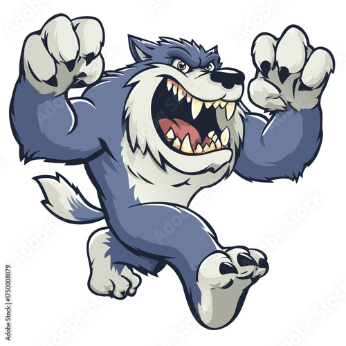 Furious cartoon wolf character mascot illustration, snarling with sharp teeth and claws in an aggressive, running pose