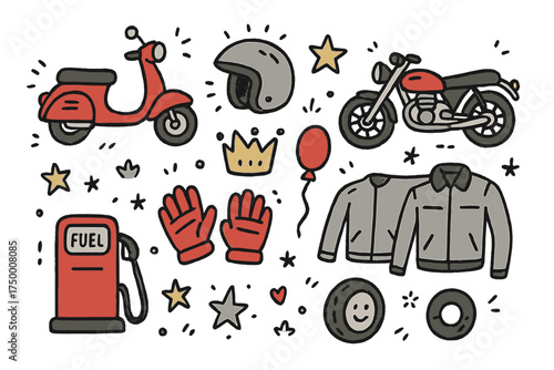 Motorcycle Doodle Icons. Motorcycles doodle icon set: hand drawn icons of scooter, motorbike, helmet, crown, star, balloon, gloves