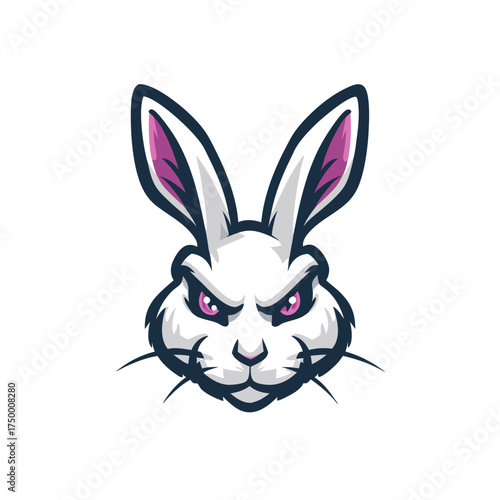 Furious White Rabbit Head Mascot Illustration with Fierce Pink Eyes and Ears, Ideal for E-sports Team Logos and Gaming Designs