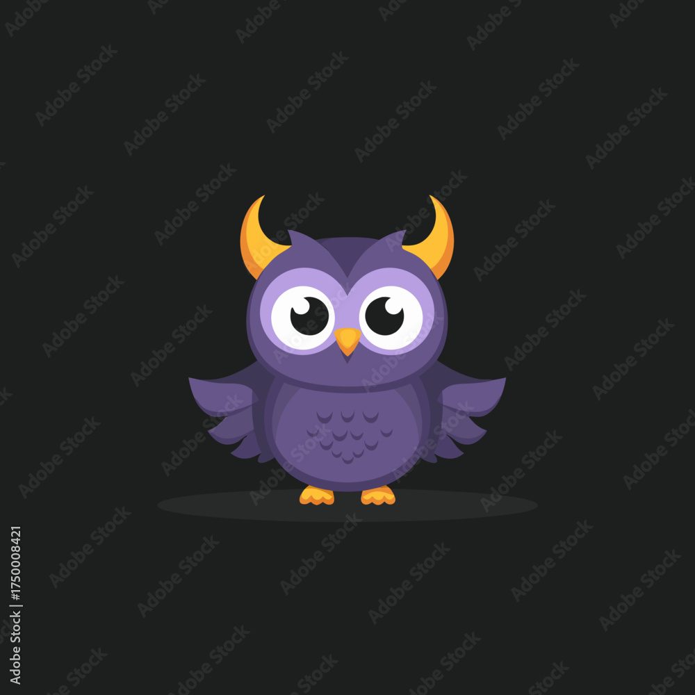 Obraz premium Cute cartoon purple owl with golden horns and big eyes on a dark background. Adorable fantasy creature vector illustration, whimsical design.