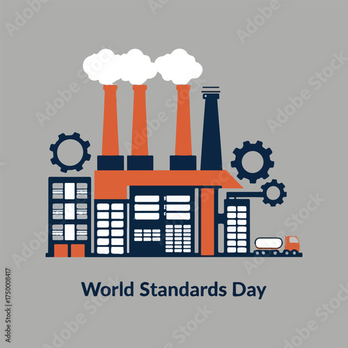 Editable vector graphics for World Standards Day featuring quality assurance workflows, industrial gears, global network, engineer with blueprint, certificate, award medal, and abstract pattern icons