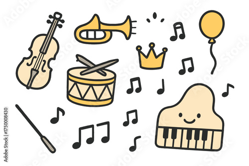 Orchestra Doodle Icons. Orchestra doodle icon set: hand drawn icons of violin, trumpet, drum, crown, star, balloon, notes,