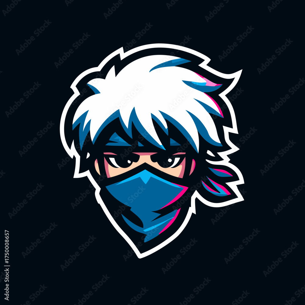 Obraz premium Cool anime-style ninja character head with spiky hair and blue mask. Vibrant esports gamer avatar mascot illustration.