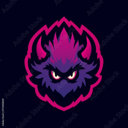 Fierce purple and pink horned creature head mascot logo. Aggressive monster emblem for esports, gaming, or team identity.